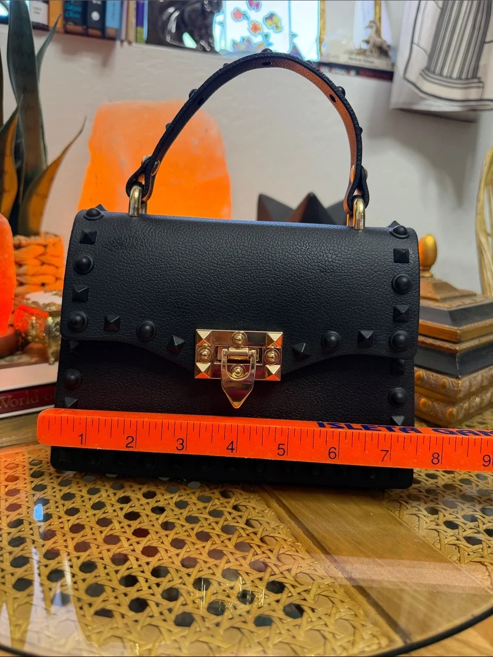 Black Studded Top Handle Satchel Purse Gold Turn Lock Rockstud Style